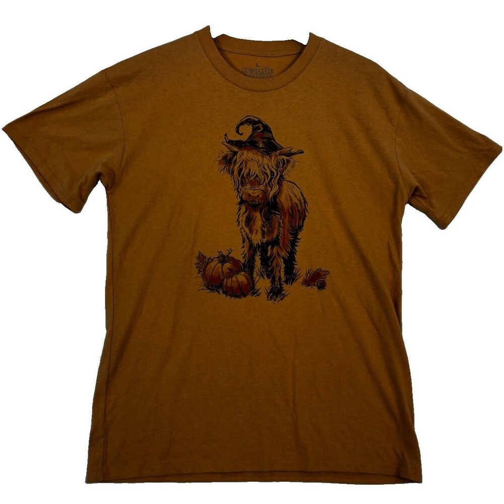 Goodie Two Sleeves Halloween Highland Cow Witch Pumpkin Graphic T Shirt Large
